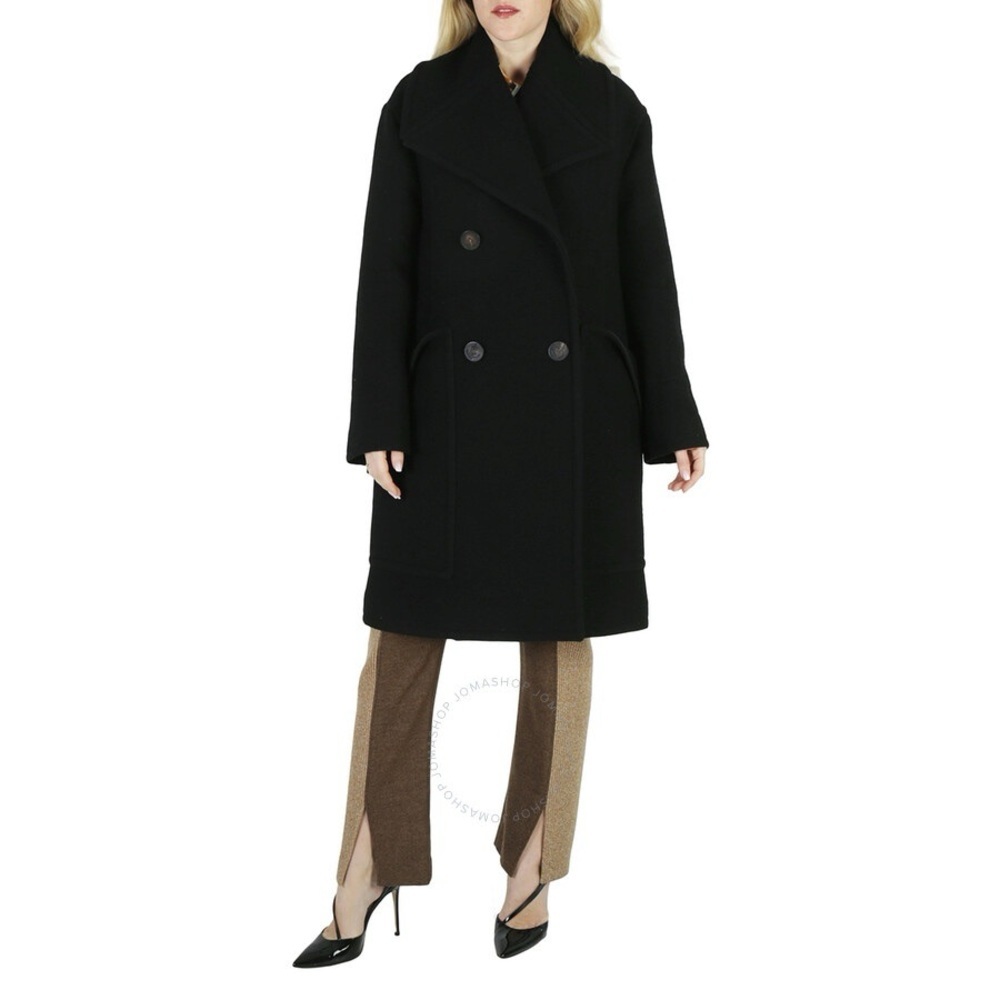 BURBERRY Wool Coat Oversized Notched Collar Leather Trim Black - Picture 11 of 11